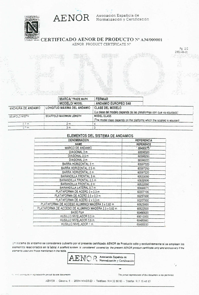 Certificado AENOR Andamios